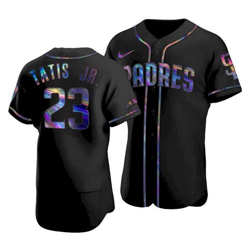 Men's San Diego Padres #23 Fernando Tatis Jr. 2021 Black Iridescent Logo Flex Base Stitched Baseball Jersey